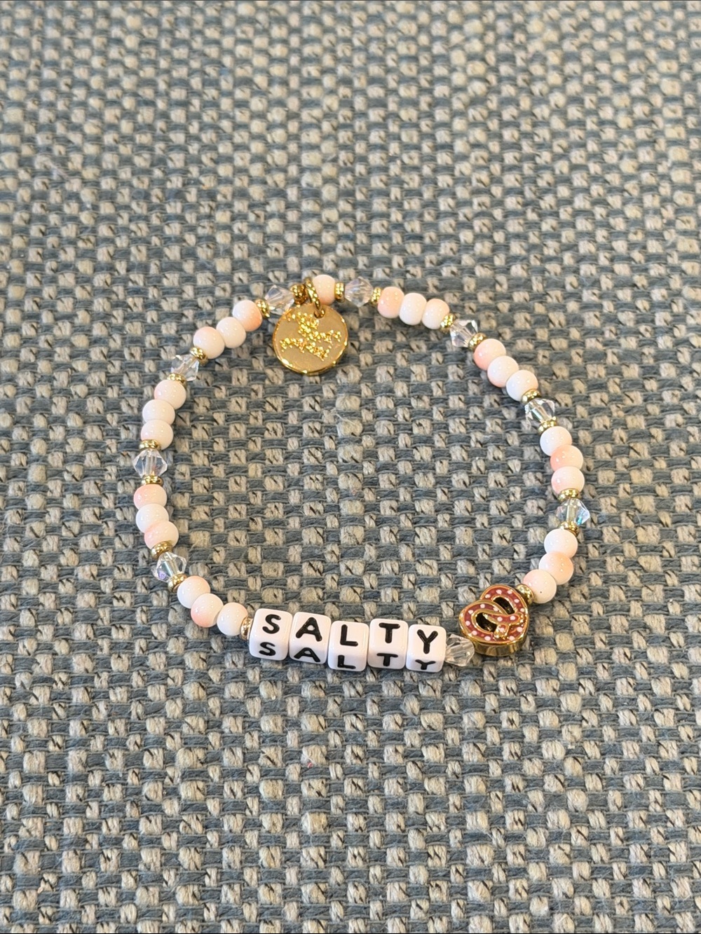 Peach and White Beaded 'SALTY' Stretch Bracelet with Pretzel Charm